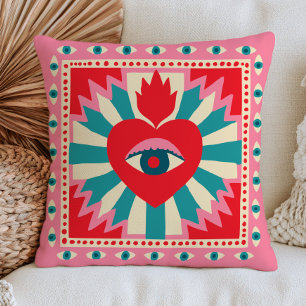Red Heart Funky Evil Eyes Bohemian Pink Maximalist Throw Pillow