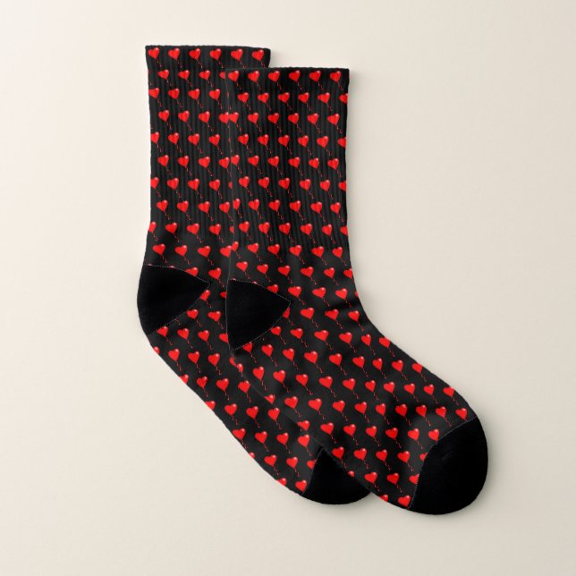 Red Heart Girly Fun Balloon Pattern Black Trendy Socks (Pair)
