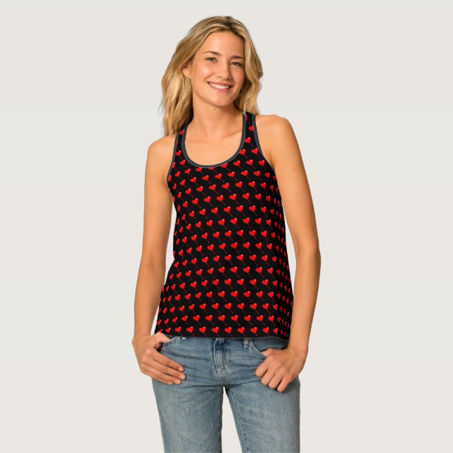 Red Heart Girly Fun Balloon Pattern Black Trendy Tank Top (Front Full)