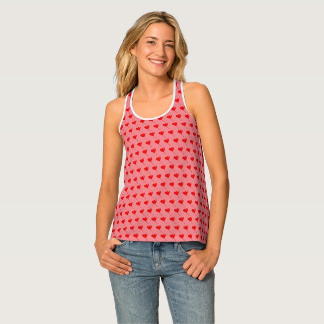 Red Heart Girly Fun Balloon Pattern Pink Chic Tank Top (Front Full)