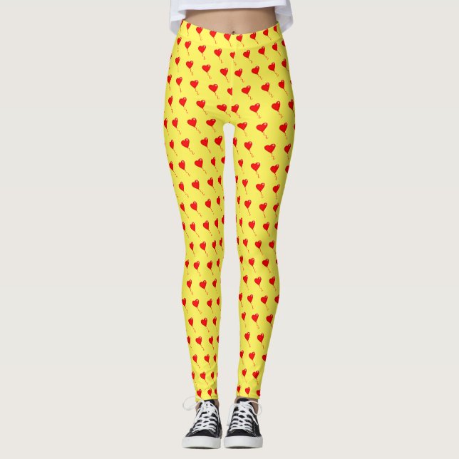 Red Heart Girly Fun Balloon Pattern Yellow Chic Leggings (Front)