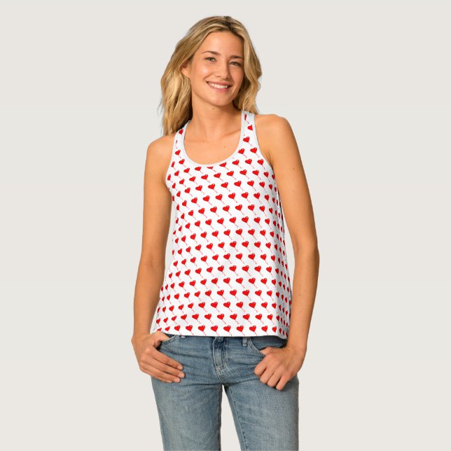 Red Heart Girly Fun Chic Balloon Pattern White Tank Top (Front Full)