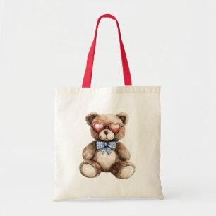 Red Heart Glasses Blue White Bow Teddy Bear Tote Bag