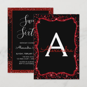 Red Heart Glitter Sparkle Sweet Sixteen Birthday Invitation