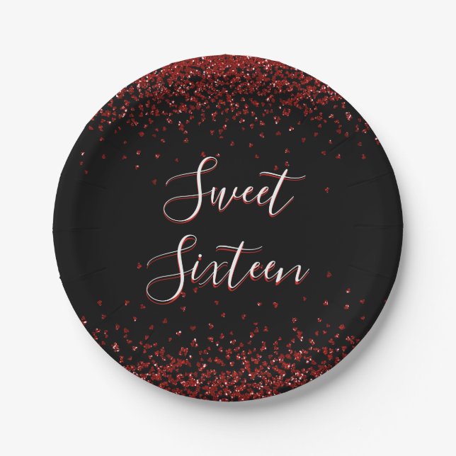 Red Heart Glitter Sparkle Sweet Sixteen Birthday Paper Plates (Front)
