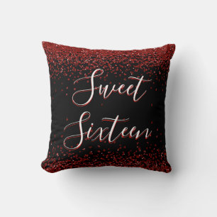 Red Heart Glitter Sparkle Sweet Sixteen Birthday Throw Pillow