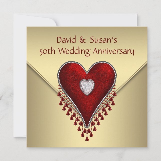 Red Heart Gold 50th Wedding Anniversary Party Invitation (Front)