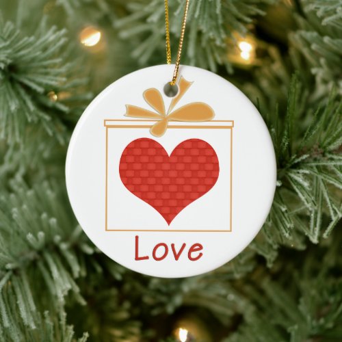 Red Heart Gold Gift Box Christmas Ceramic Ornament