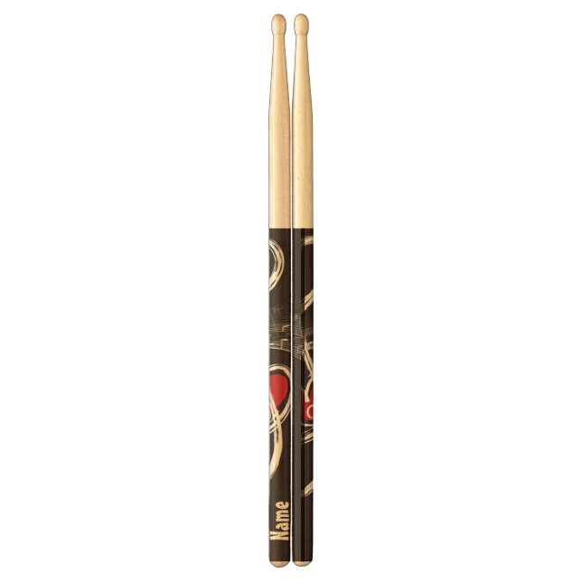 Red Heart Gold Treble Clef Black Personalized Drum Sticks (Front)