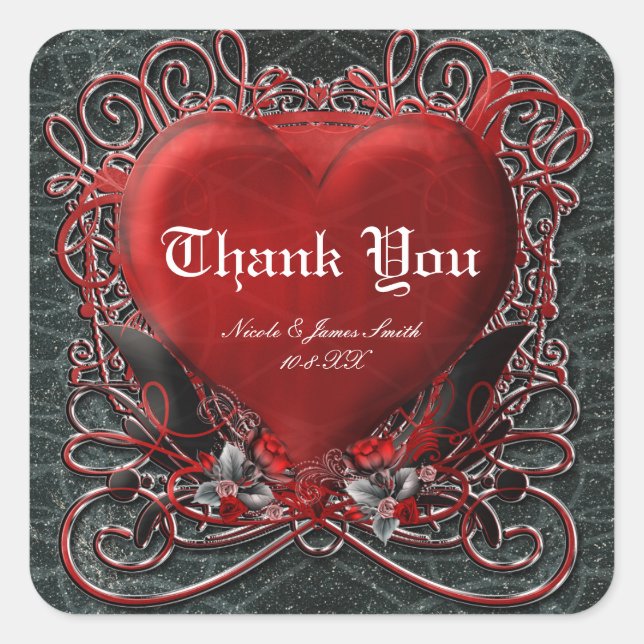 Red Heart Gothic Valentine Wedding Party Favor Square Sticker (Front)