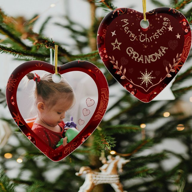 Red heart Grandma Photo Ceramic Ornament (Personalized Grandma Photo Ceramic Ornament)