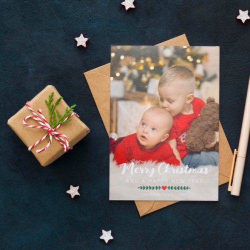 Red Heart Green Twigs Photo Merry Christmas Holiday Card