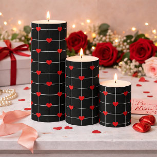 Red Heart Grid on Black & White Pillar Candle