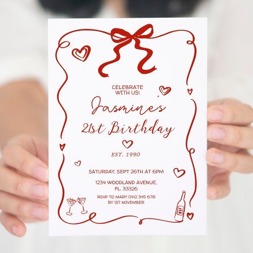 Red Heart Hand Drawn Adult Birthday invite