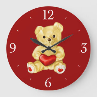 Red Heart Hypnotizing Cute Teddy Bear Large Clock