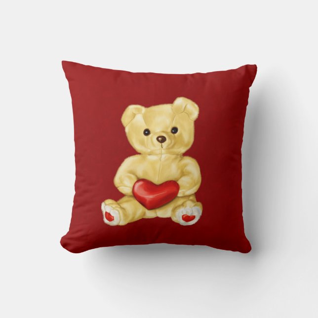 Red Heart Hypnotizing Cute Teddy Bear Throw Pillow (Front)