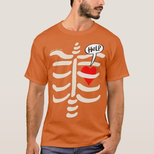 Red heart imprisoned in a rib cage asking for help T_Shirt