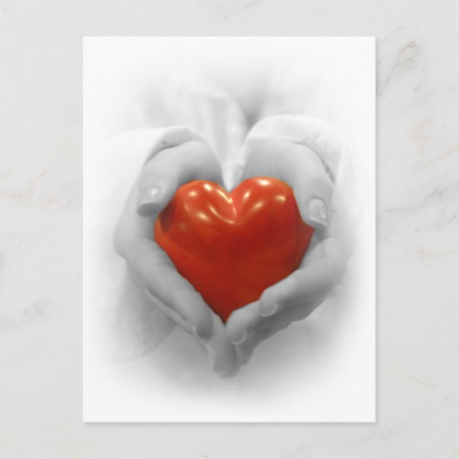 Red Heart in Hands, I Love You Shape Postcard (Front)