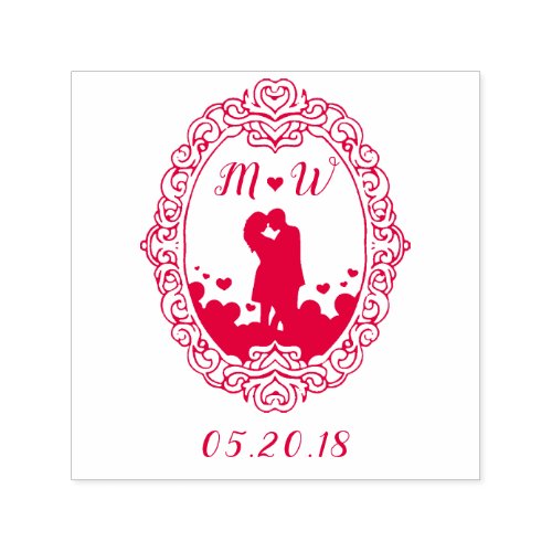 Red Heart  Initials Couple Silhouette Wedding Self_inking Stamp