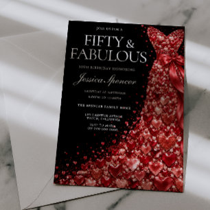 Red Heart Jewel Dress Black 50th Birthday Invitation