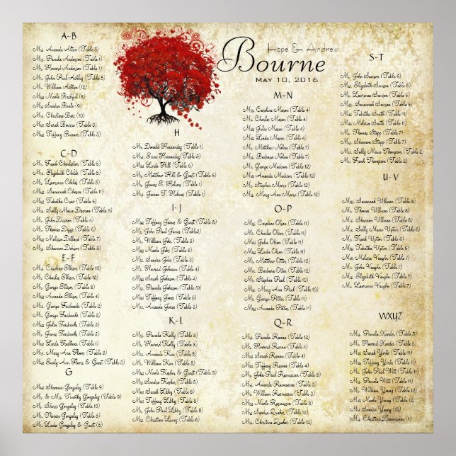 Red Heart Leaf Damask Wedding Seating Chart (Front)