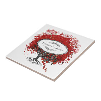 Red Heart Leaf Tree Ceramic Tile