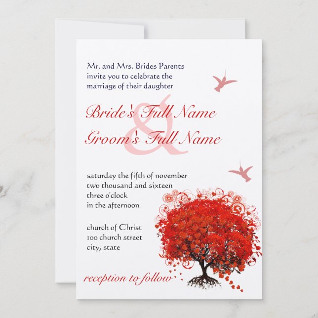 Red Heart Leaf Tree Hummingbird Wedding Invitation (Back)