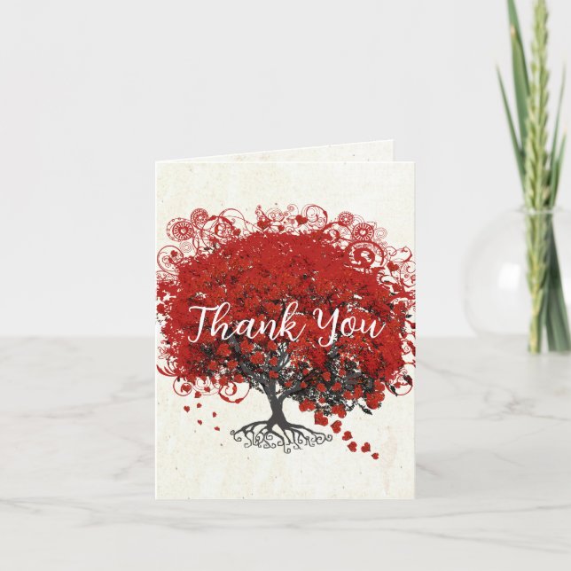 Red Heart Leaf Tree Letterpress Thank You Card (Front)