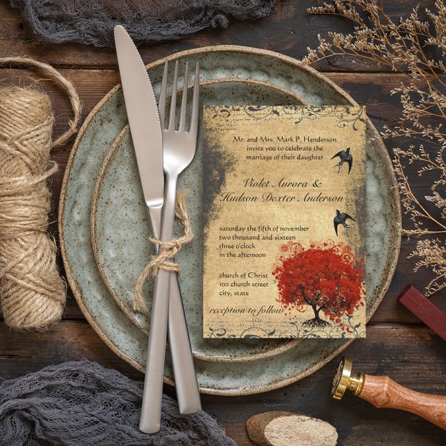 Red Heart Leaf Tree Medieval Renaissance Wedding Invitation (Creator Uploaded)