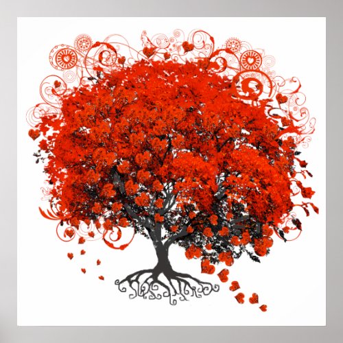 Red Heart Leaf Tree Poster