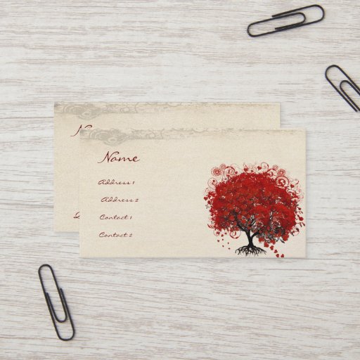 Customizable Red Heart Leaf Tree Roots Swirls Hearts Business Card Templates