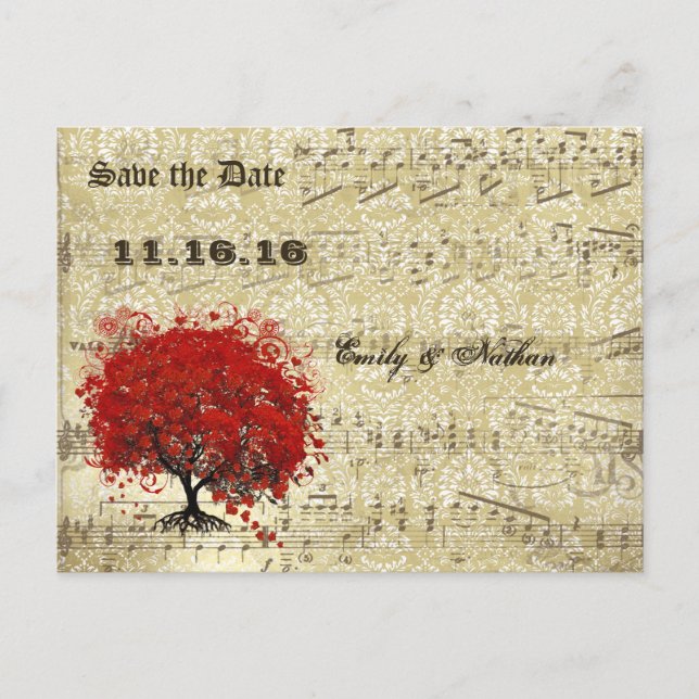 Red Heart Leaf Tree Save the Date Announcement Postcard (Front)