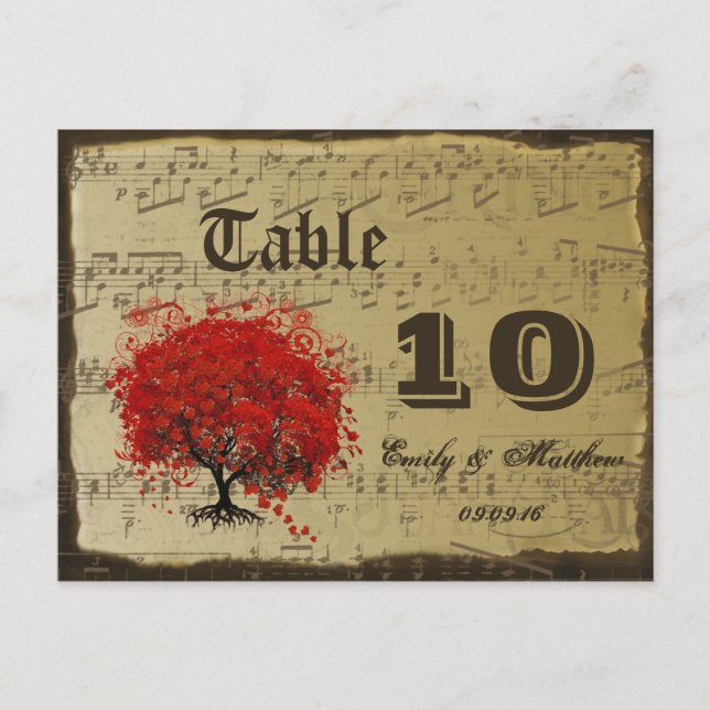 Red Heart Leaf Tree Table Number Card (Front)