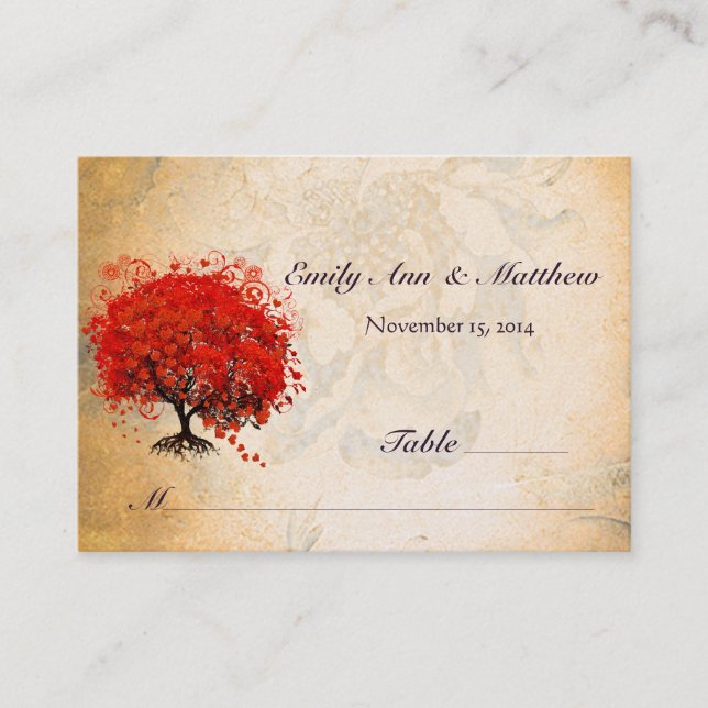 Red Heart Leaf Tree Table Place Cards (Front)