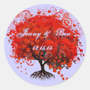 Red Heart Leaf Tree Wedding Classic Round Sticker