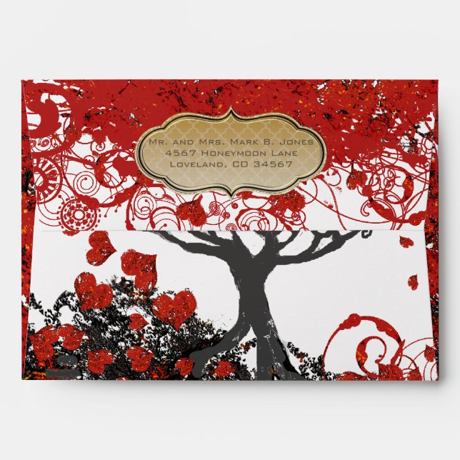Red Heart Leaf Tree Wedding Envelope (Back (Top Flap))