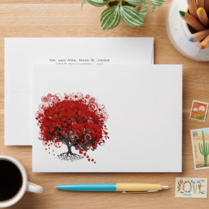 Red Heart Leaf Tree Wedding Envelope