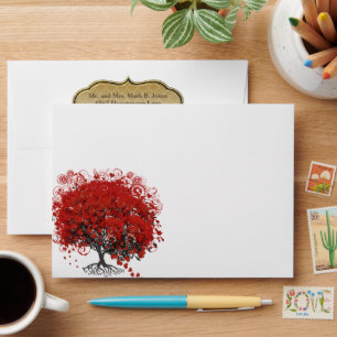 Red Heart Leaf Tree Wedding Envelope