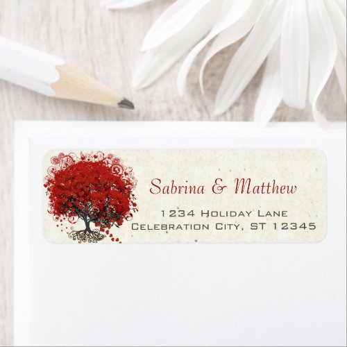 Red Heart Leaf Tree Wedding Label