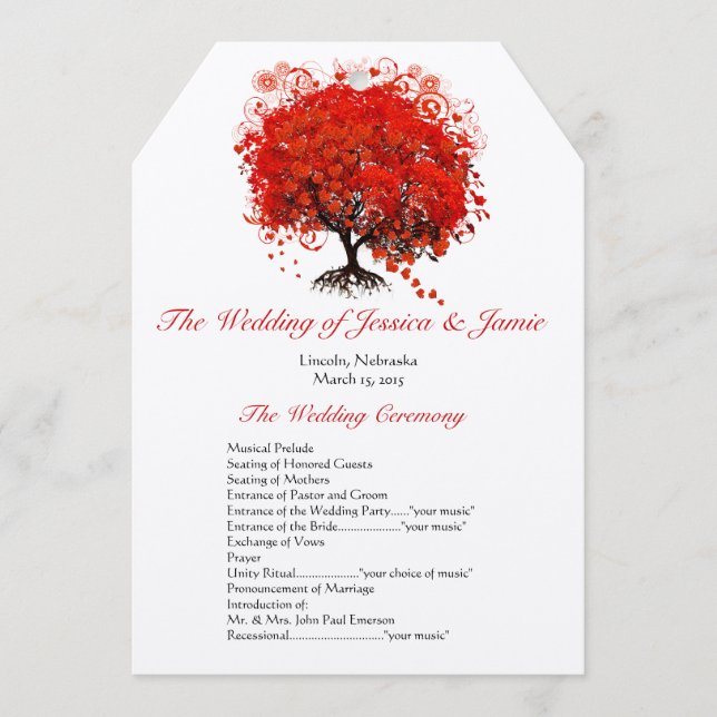 Red Heart Leaf Tree Wedding Program (Front)