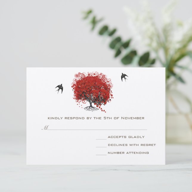Red Heart Leaf Tree Wedding RSVP Card (Standing Front)