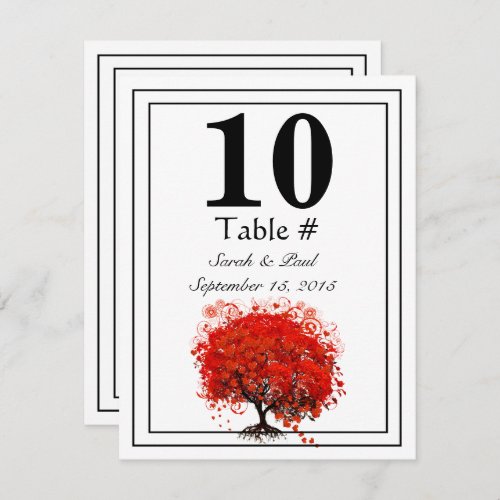 Red Heart Leaf Tree Wedding Table Number