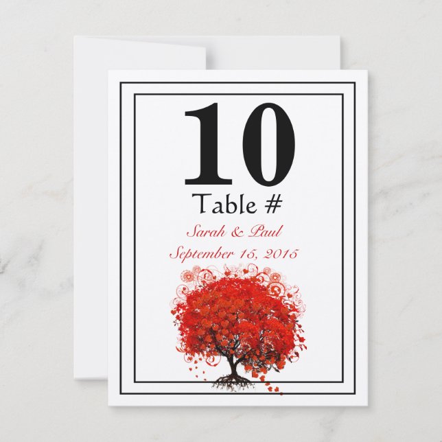 Red Heart Leaf Tree Wedding Table Number (Front)
