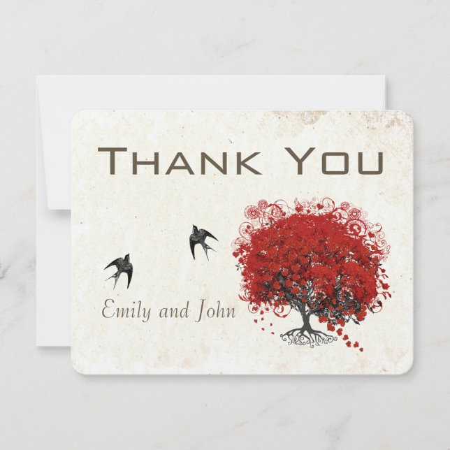 Red Heart Leaf Tree Wedding Thank You Card (Front)