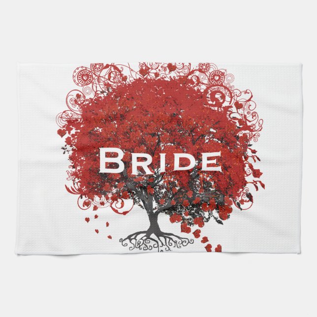 Red Heart Leaf Tree Wedding Towel (Horizontal)