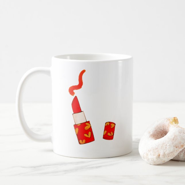 Red Heart Lipstick Pop Art Design Coffee Mug (With Donut)