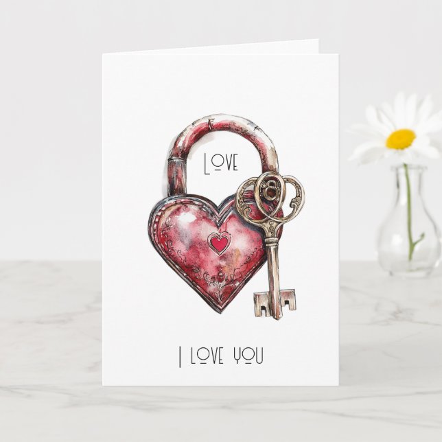 Red Heart Lock & Key Love Card (Small Plant)