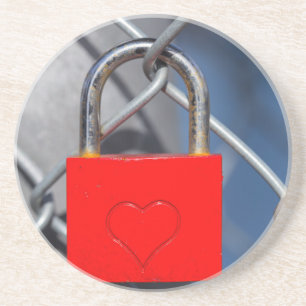 Red heart lock on fence sandstone coaster