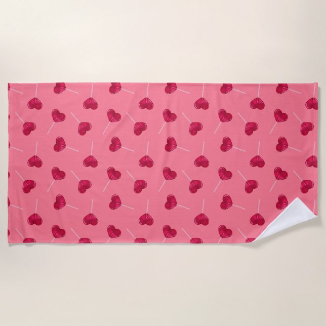 Red Heart lollipops and pattern on warm red Beach Towel (Front)