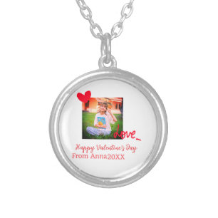 Red heart love happy valentine's day add photo nam silver plated necklace